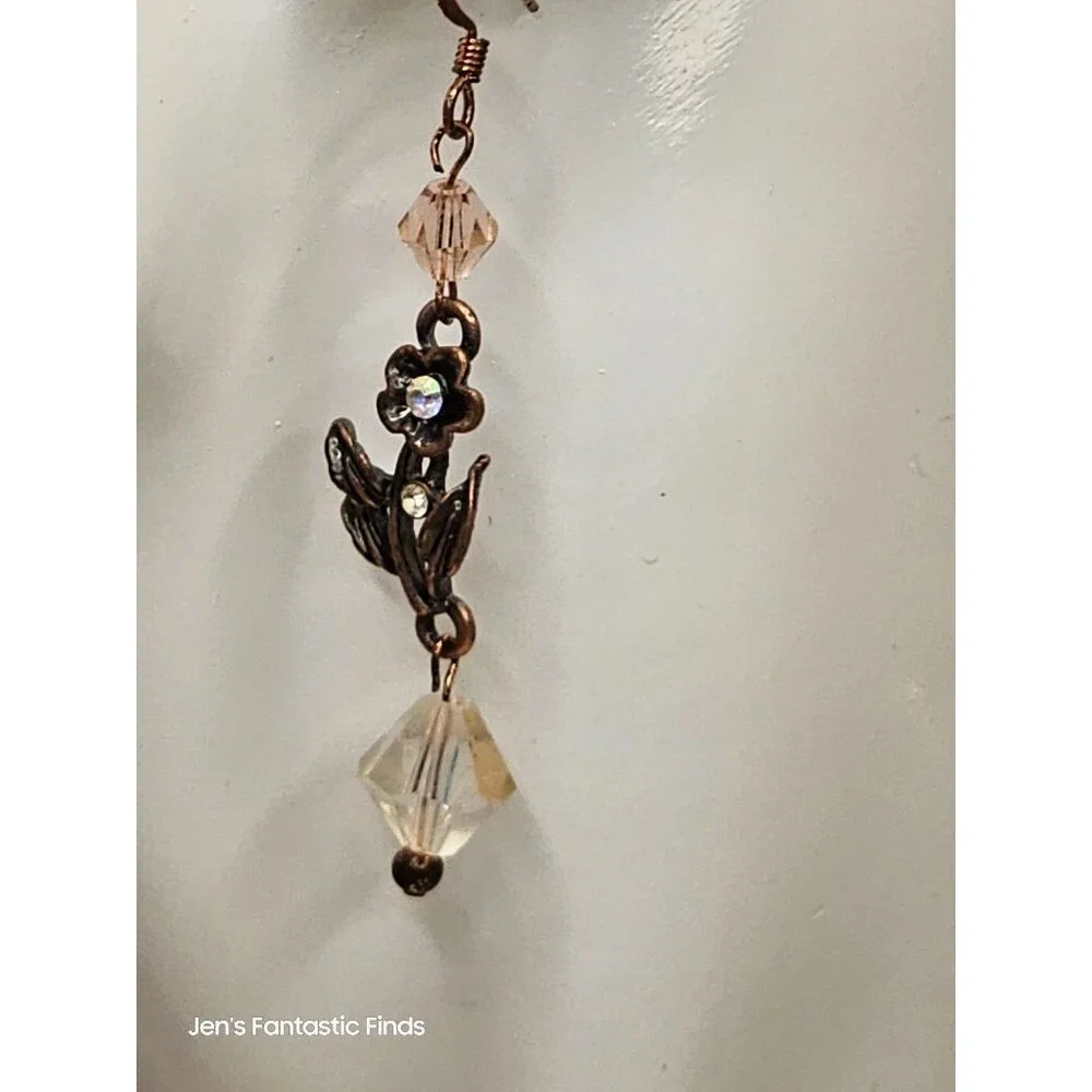 Floral Drop Earrings With AB‎ Crystal Beads & Bronze Detailing